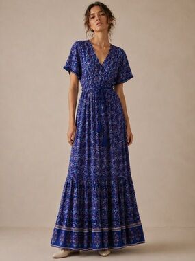 Blue Floral Boho Cottagecore Prairie Button Front Maxi Dress